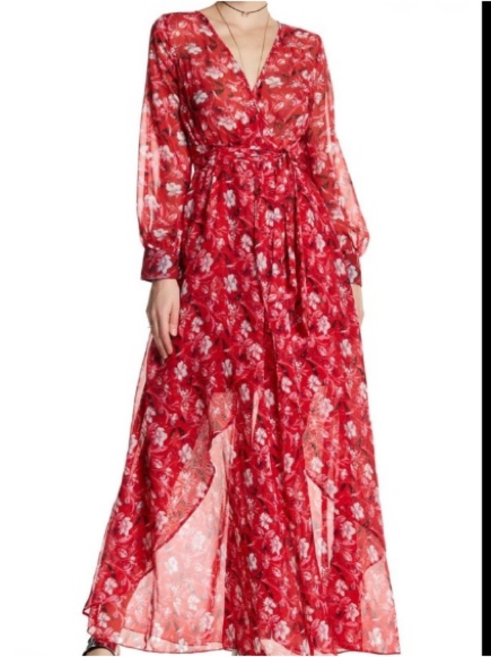 Meghan LA Stargazer Maxi Dress Red Floral long sleeve high low hem 2xl